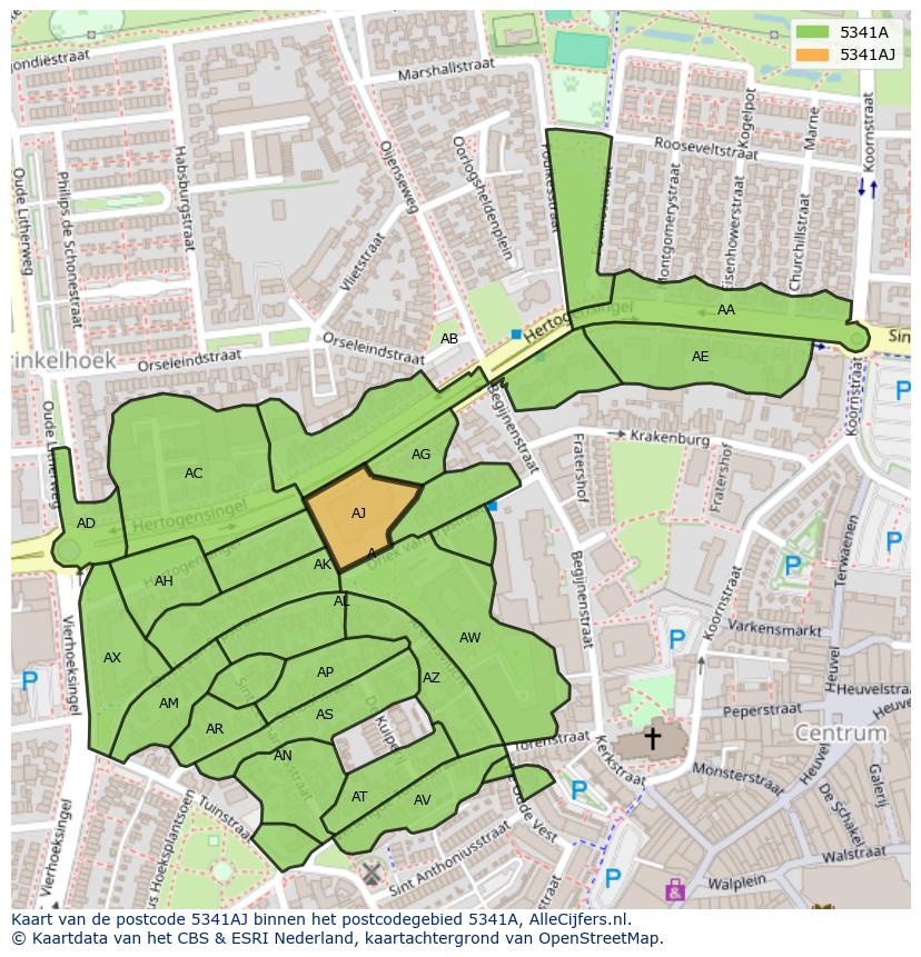 Afbeelding van het postcodegebied 5341 AJ op de kaart.
