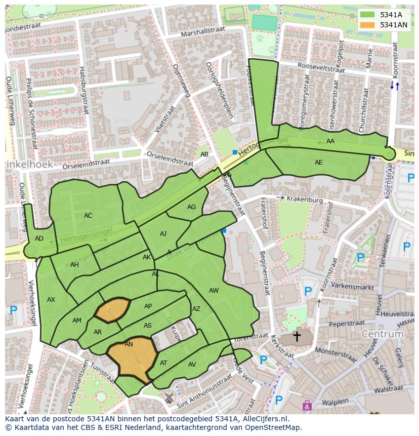 Afbeelding van het postcodegebied 5341 AN op de kaart.