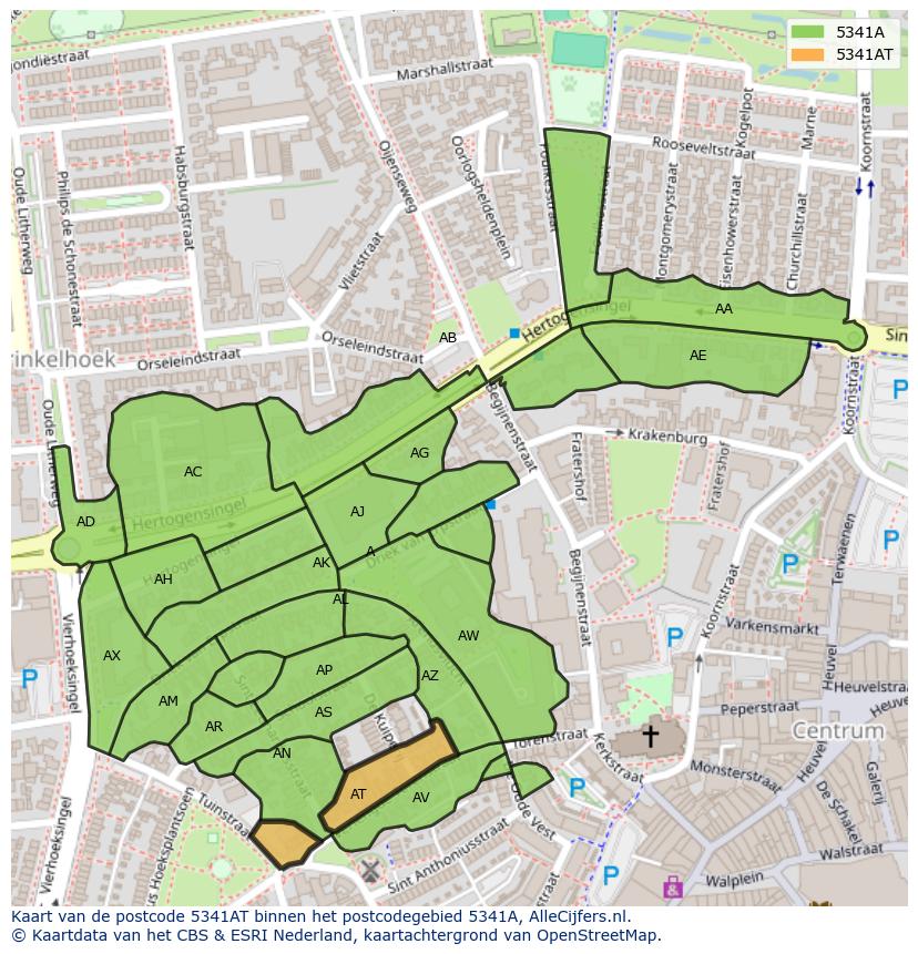 Afbeelding van het postcodegebied 5341 AT op de kaart.