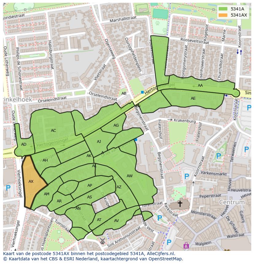 Afbeelding van het postcodegebied 5341 AX op de kaart.