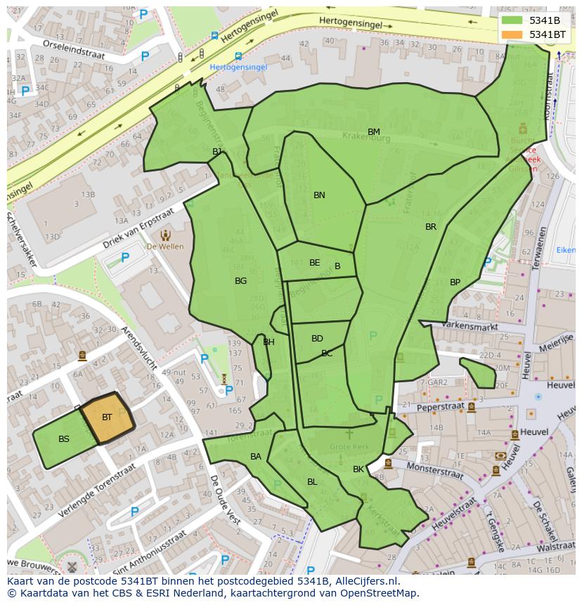 Afbeelding van het postcodegebied 5341 BT op de kaart.