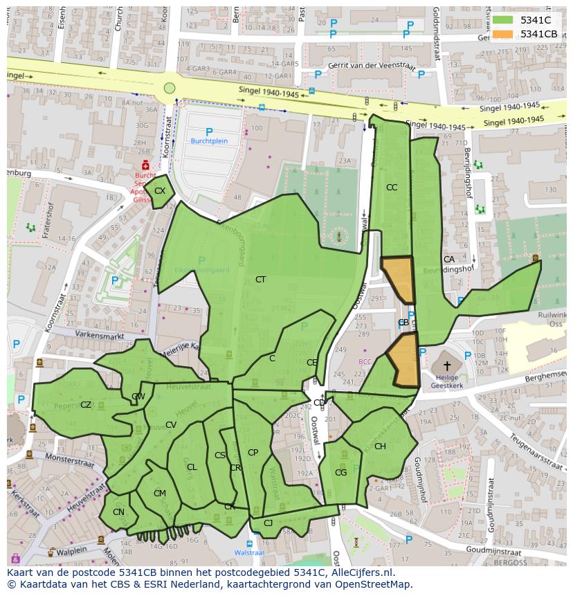 Afbeelding van het postcodegebied 5341 CB op de kaart.