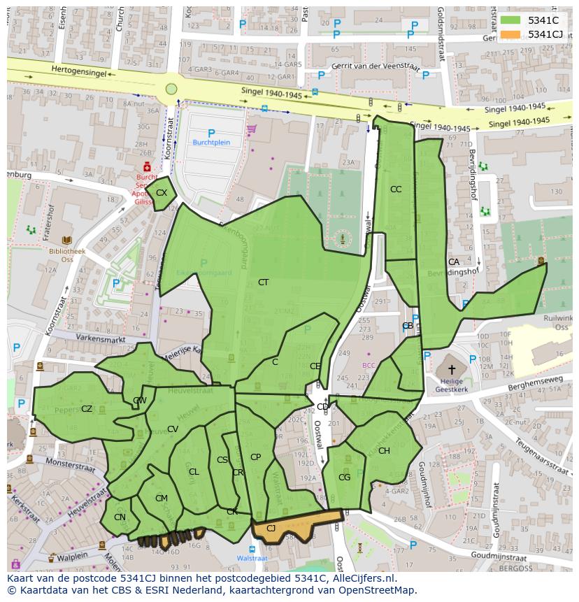Afbeelding van het postcodegebied 5341 CJ op de kaart.