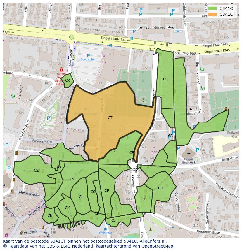 Afbeelding van het postcodegebied 5341 CT op de kaart.