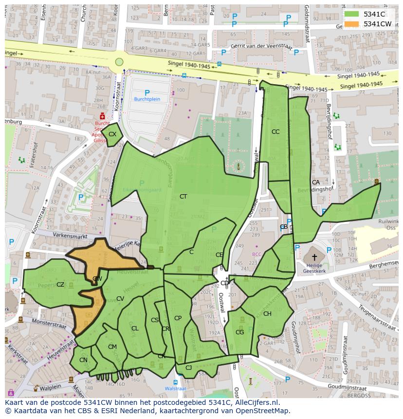 Afbeelding van het postcodegebied 5341 CW op de kaart.