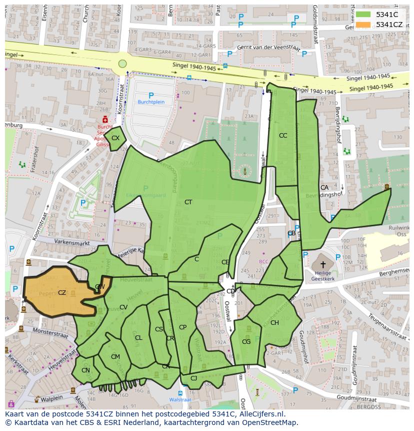 Afbeelding van het postcodegebied 5341 CZ op de kaart.