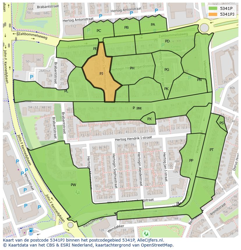 Afbeelding van het postcodegebied 5341 PJ op de kaart.
