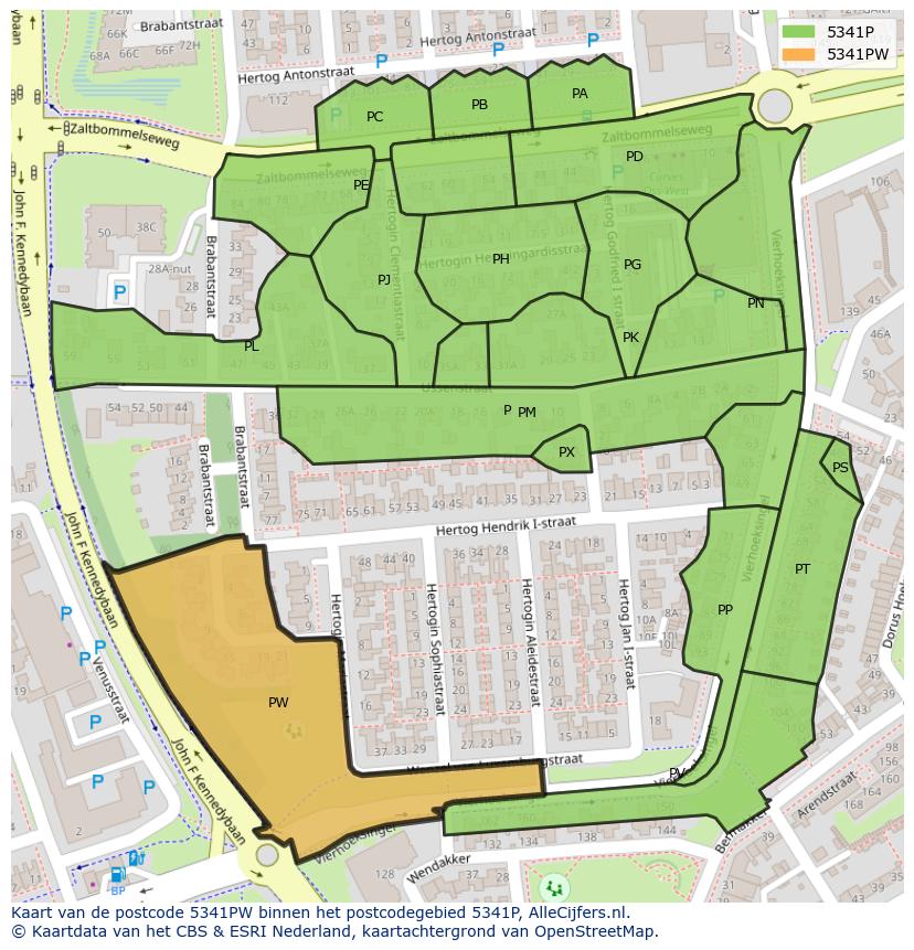 Afbeelding van het postcodegebied 5341 PW op de kaart.