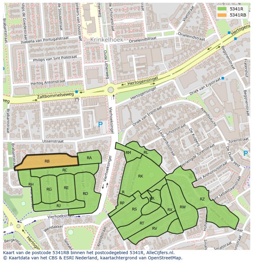 Afbeelding van het postcodegebied 5341 RB op de kaart.