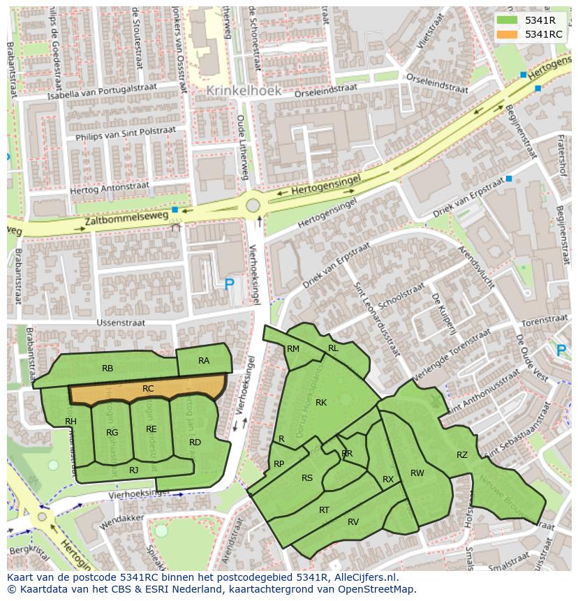 Afbeelding van het postcodegebied 5341 RC op de kaart.