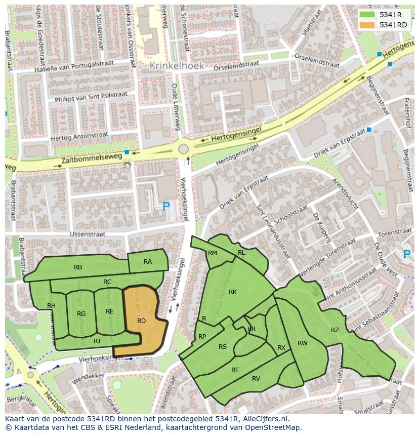 Afbeelding van het postcodegebied 5341 RD op de kaart.