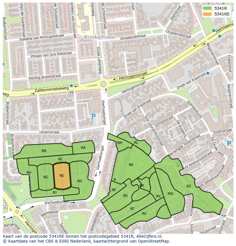 Afbeelding van het postcodegebied 5341 RE op de kaart.