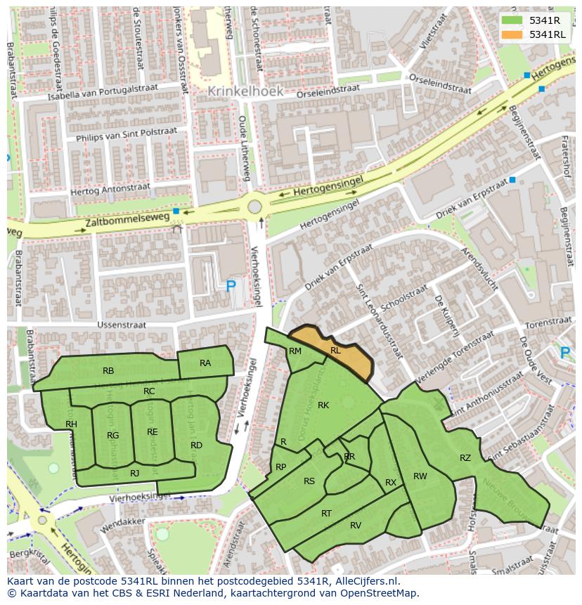 Afbeelding van het postcodegebied 5341 RL op de kaart.