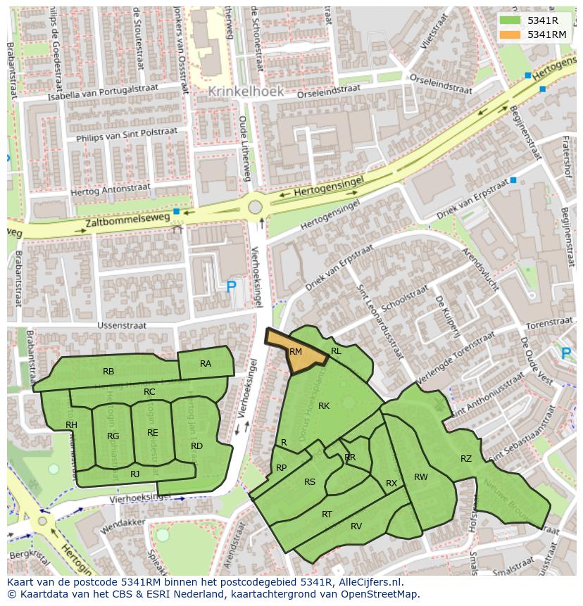 Afbeelding van het postcodegebied 5341 RM op de kaart.