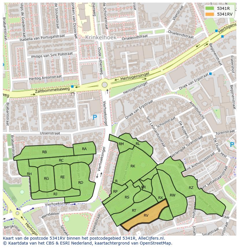 Afbeelding van het postcodegebied 5341 RV op de kaart.