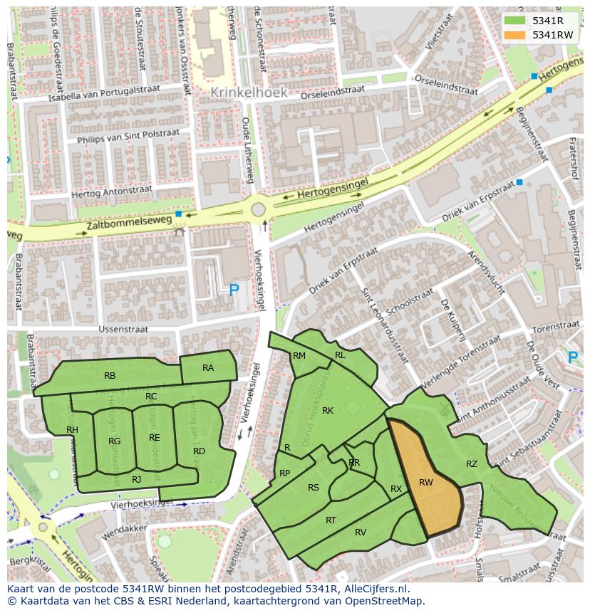 Afbeelding van het postcodegebied 5341 RW op de kaart.