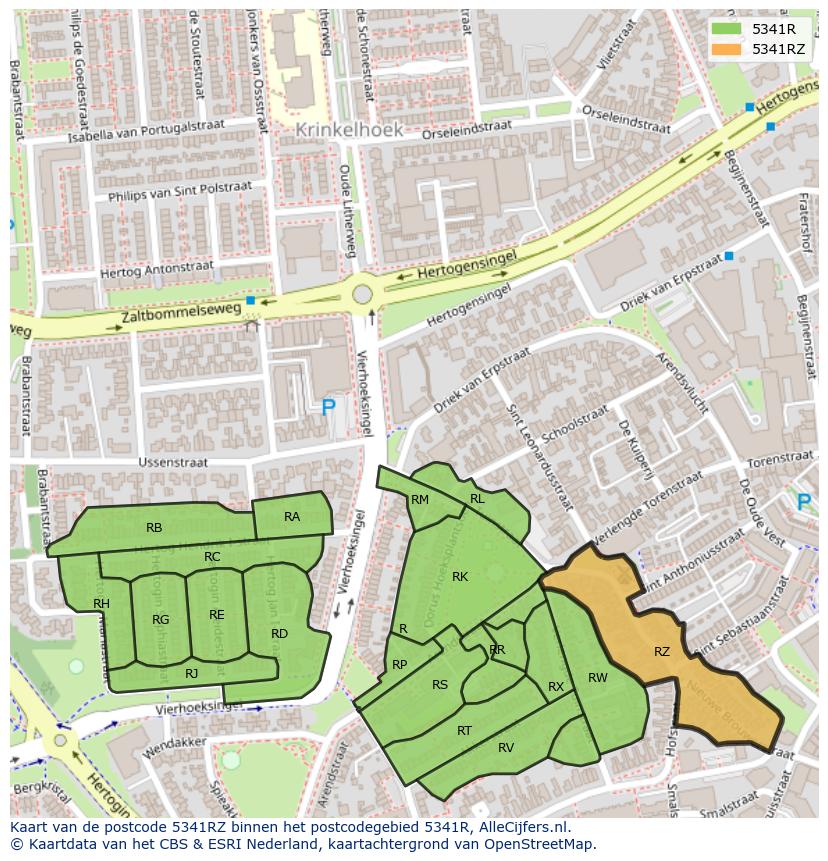 Afbeelding van het postcodegebied 5341 RZ op de kaart.