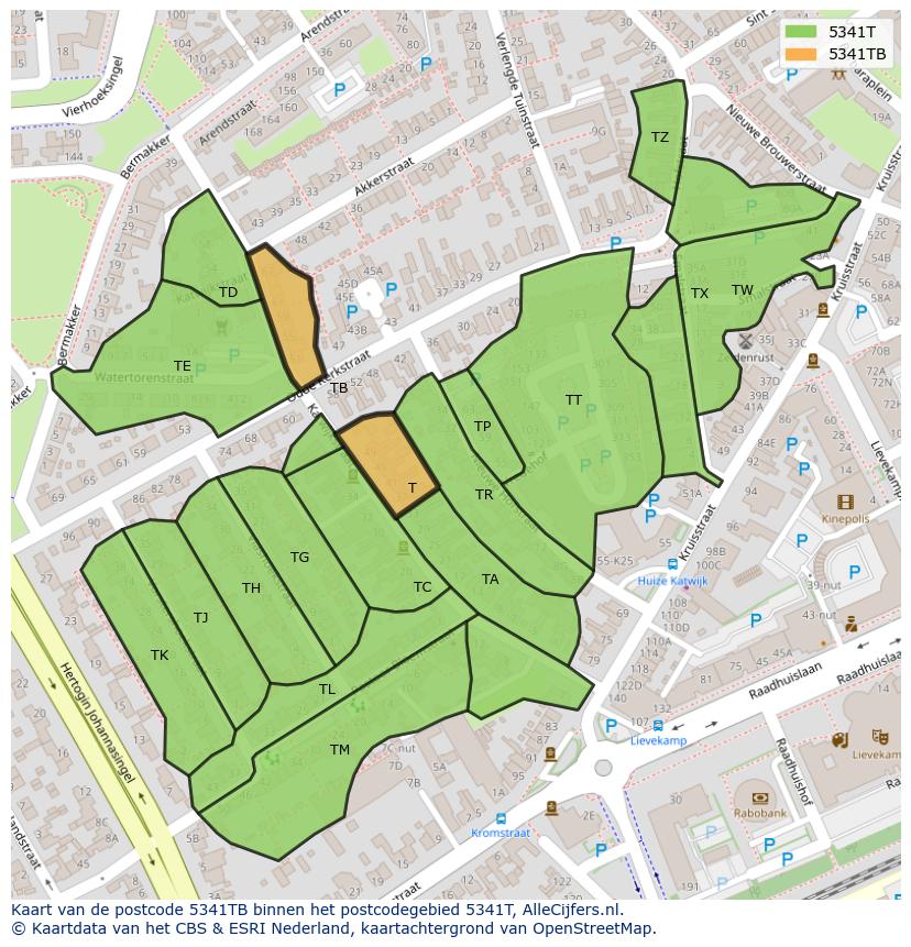 Afbeelding van het postcodegebied 5341 TB op de kaart.