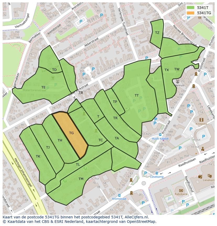 Afbeelding van het postcodegebied 5341 TG op de kaart.