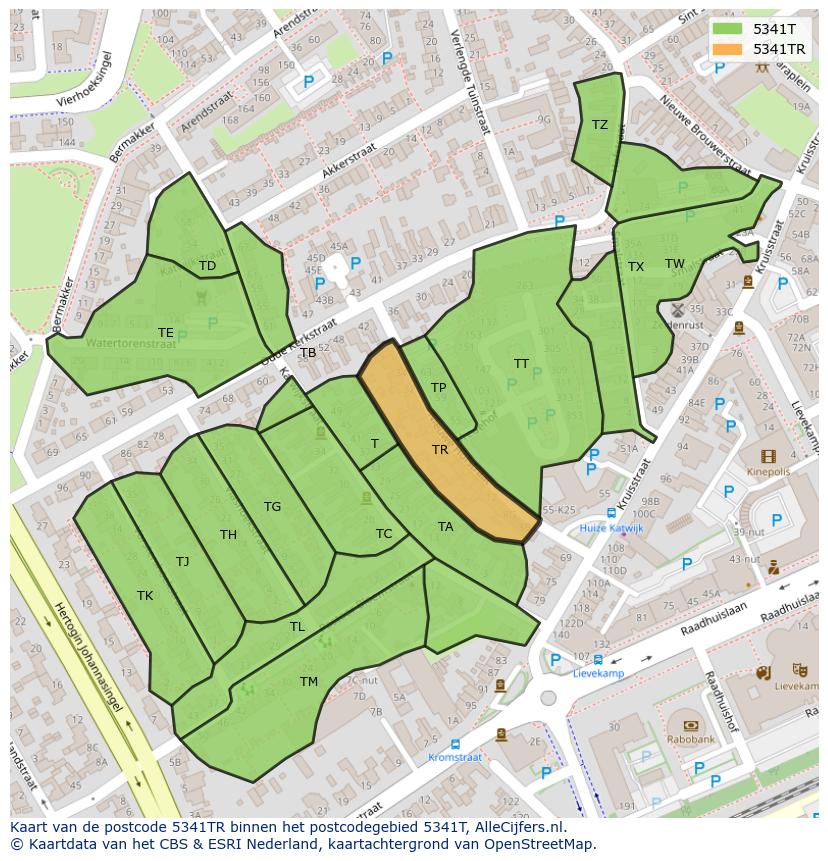 Afbeelding van het postcodegebied 5341 TR op de kaart.