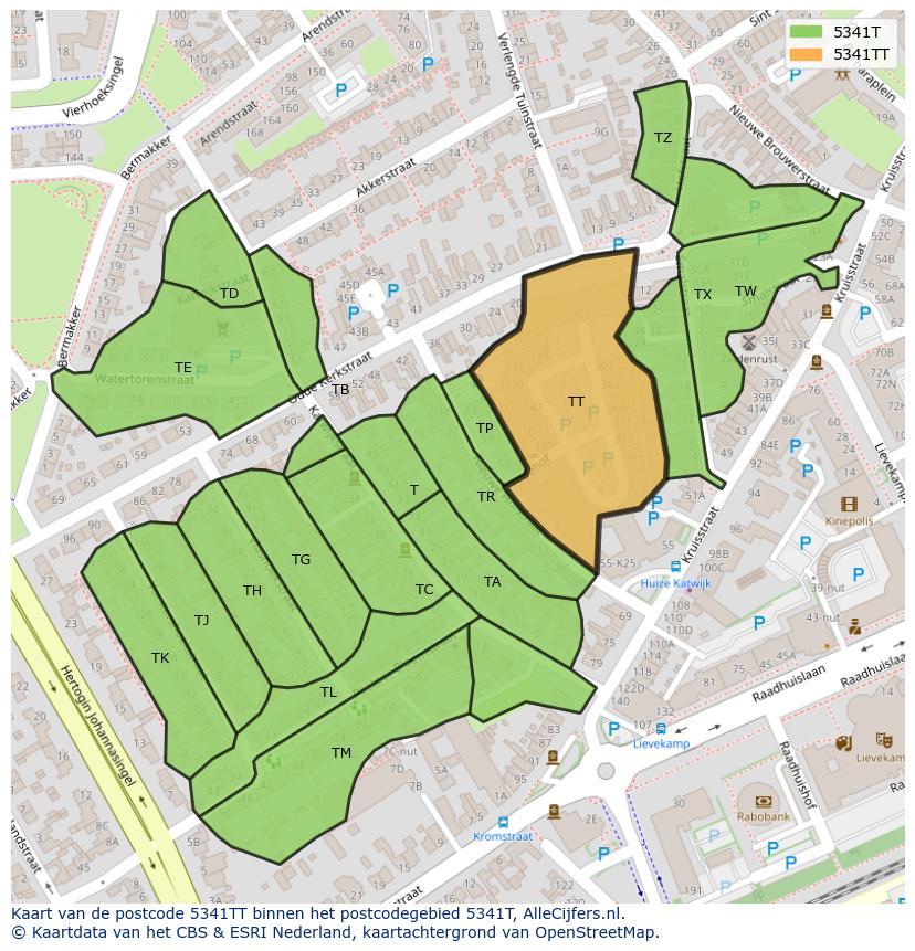 Afbeelding van het postcodegebied 5341 TT op de kaart.