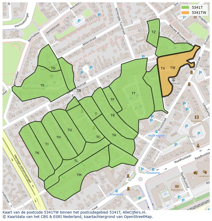 Afbeelding van het postcodegebied 5341 TW op de kaart.