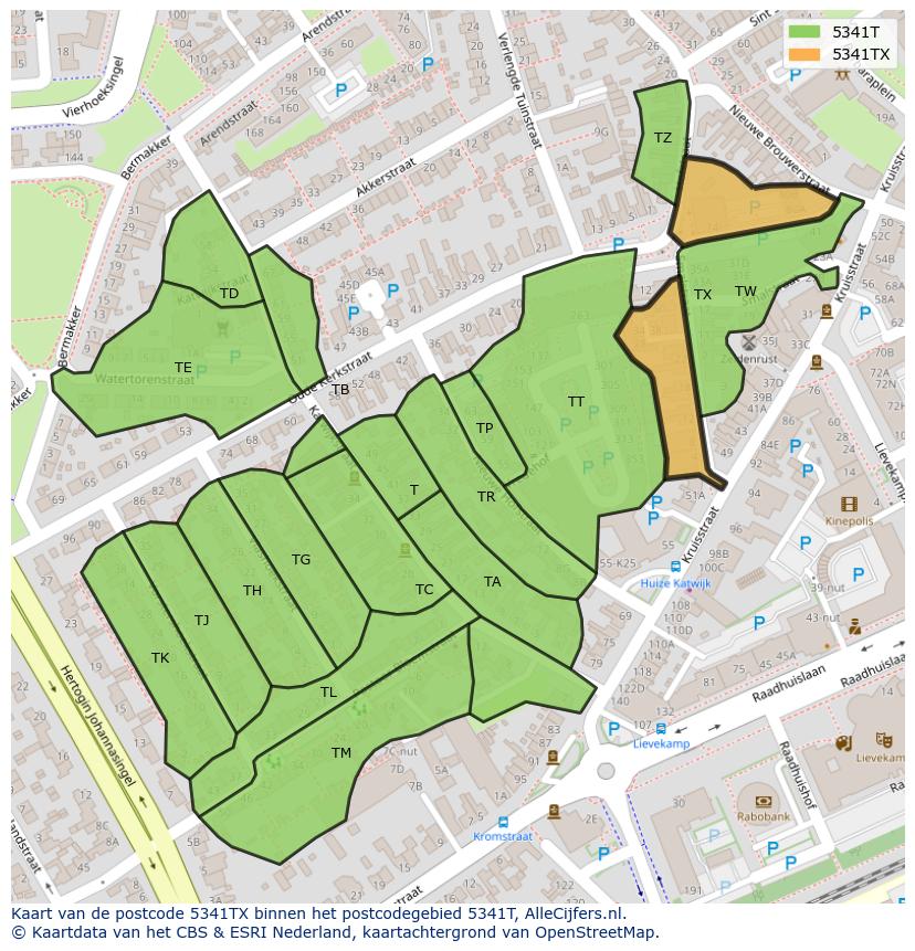 Afbeelding van het postcodegebied 5341 TX op de kaart.