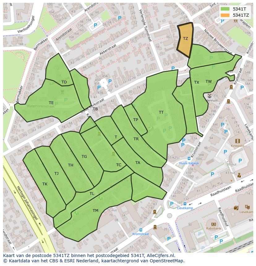 Afbeelding van het postcodegebied 5341 TZ op de kaart.