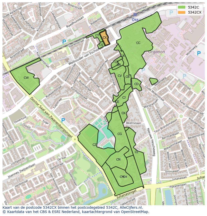 Afbeelding van het postcodegebied 5342 CX op de kaart.