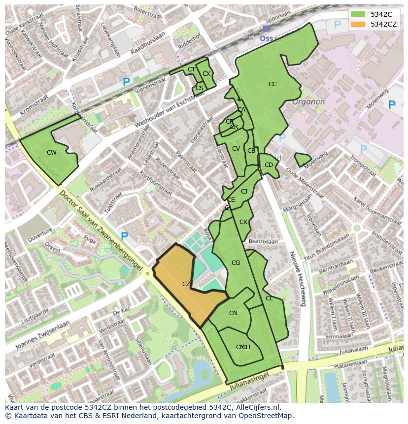 Afbeelding van het postcodegebied 5342 CZ op de kaart.