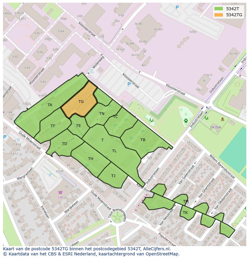 Afbeelding van het postcodegebied 5342 TG op de kaart.