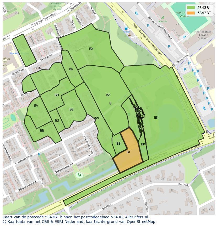 Afbeelding van het postcodegebied 5343 BT op de kaart.