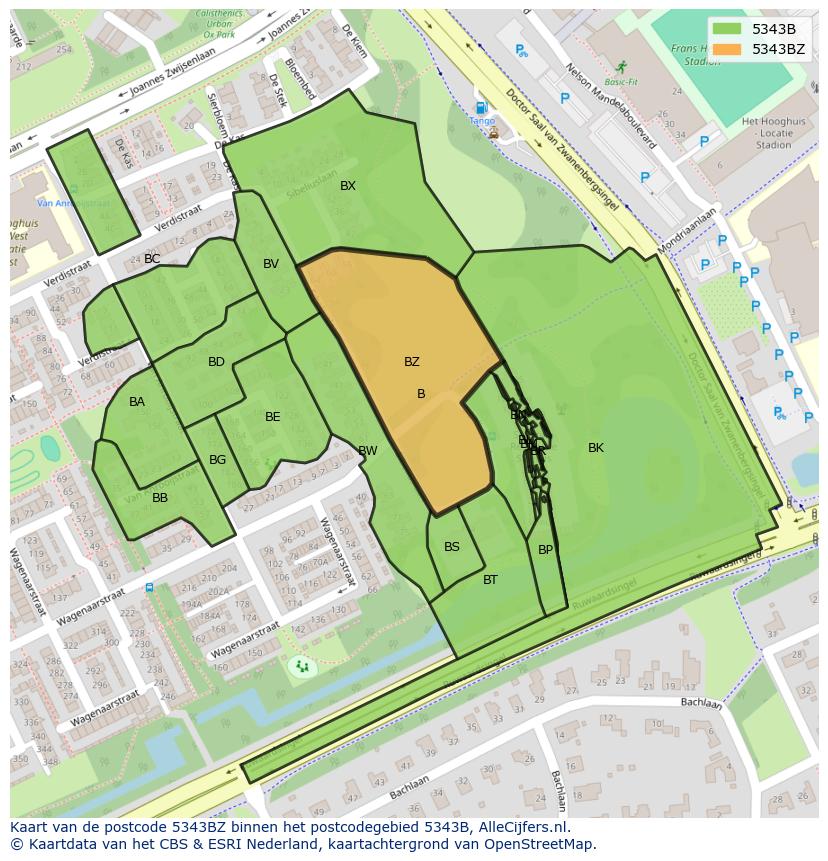 Afbeelding van het postcodegebied 5343 BZ op de kaart.