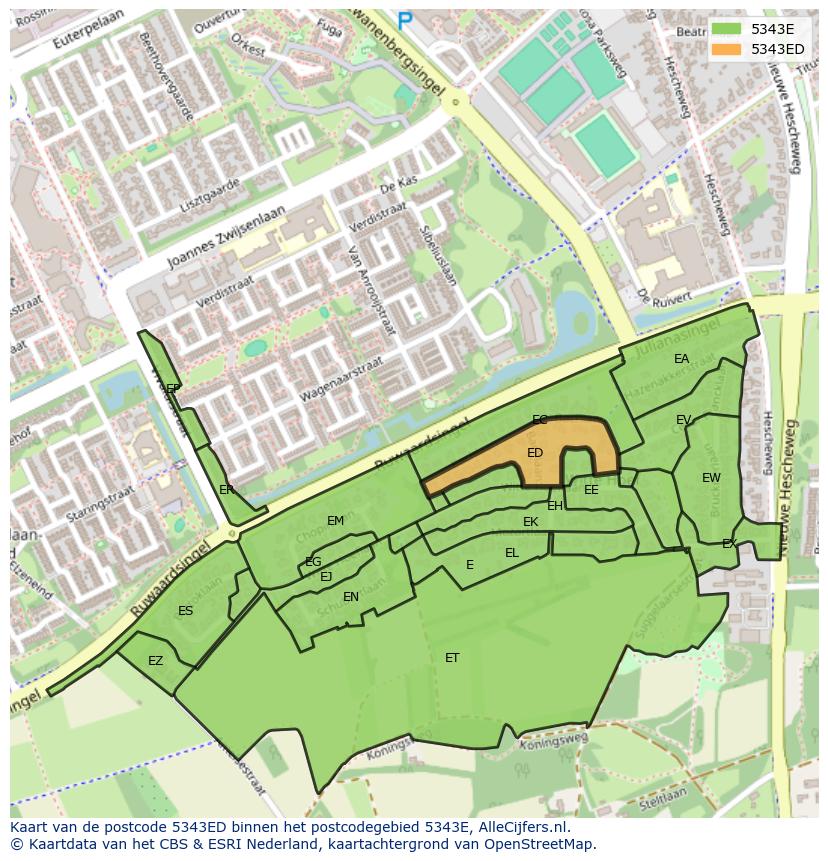 Afbeelding van het postcodegebied 5343 ED op de kaart.