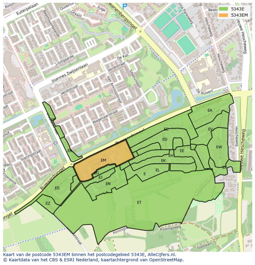 Afbeelding van het postcodegebied 5343 EM op de kaart.