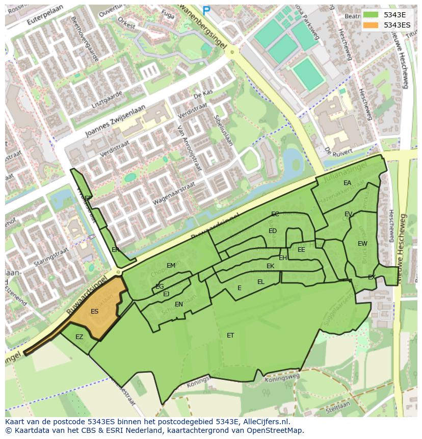 Afbeelding van het postcodegebied 5343 ES op de kaart.