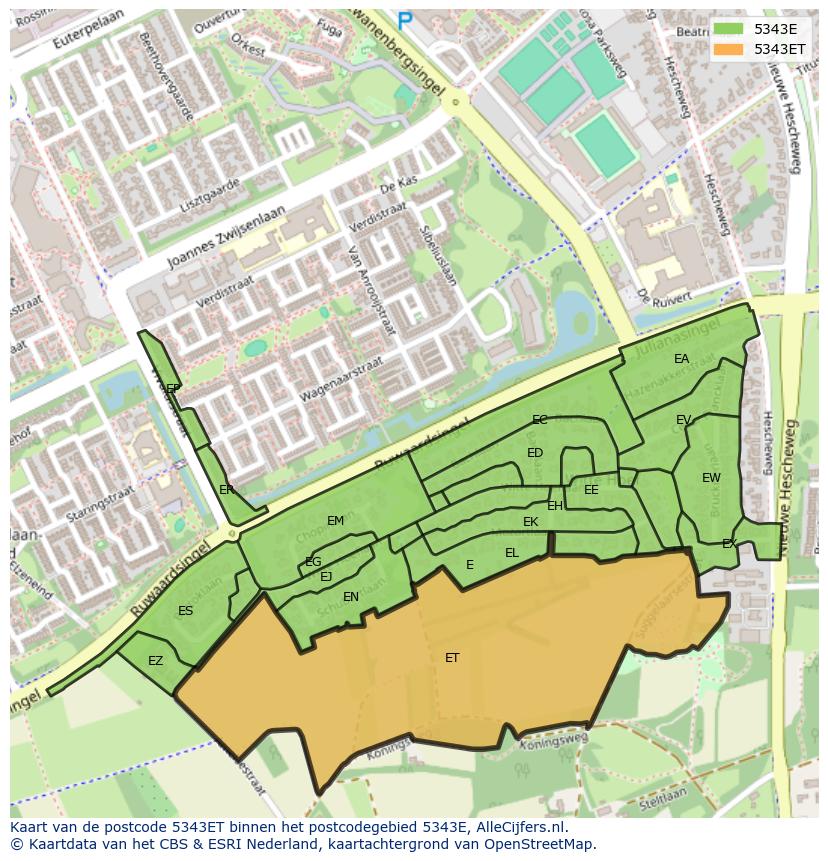 Afbeelding van het postcodegebied 5343 ET op de kaart.