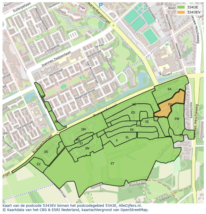 Afbeelding van het postcodegebied 5343 EV op de kaart.