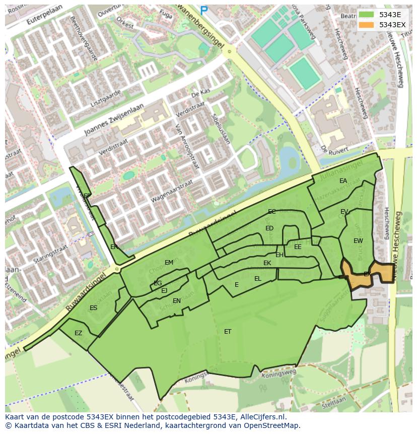 Afbeelding van het postcodegebied 5343 EX op de kaart.