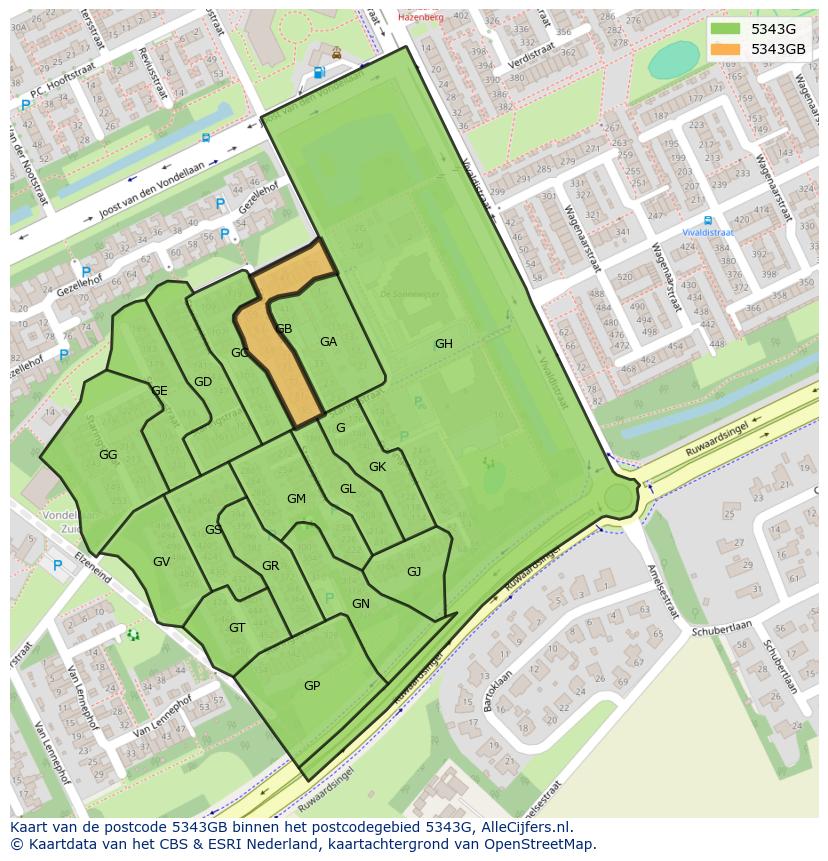 Afbeelding van het postcodegebied 5343 GB op de kaart.