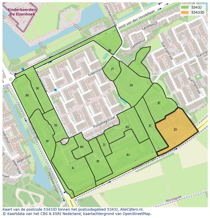 Afbeelding van het postcodegebied 5343 JD op de kaart.