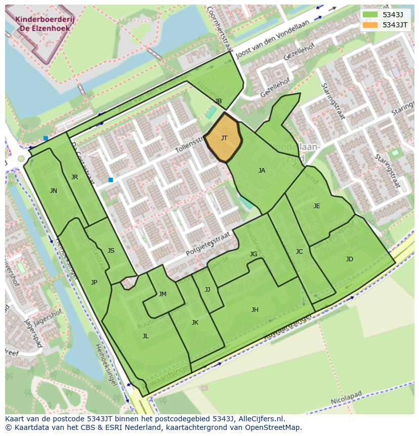 Afbeelding van het postcodegebied 5343 JT op de kaart.