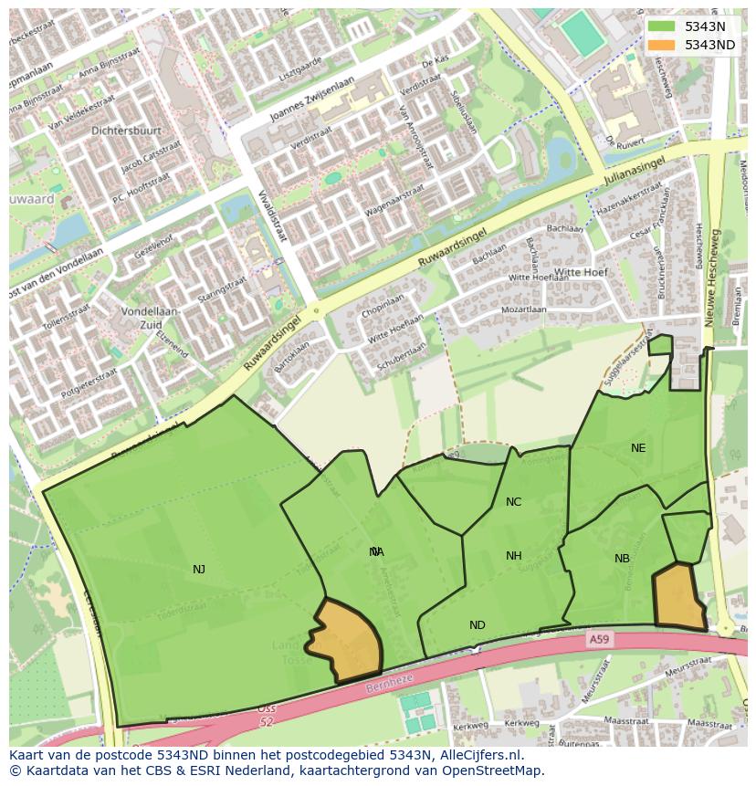 Afbeelding van het postcodegebied 5343 ND op de kaart.