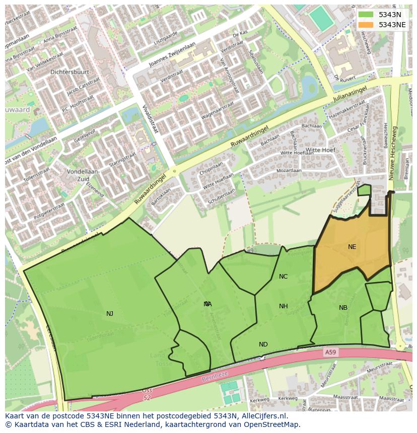 Afbeelding van het postcodegebied 5343 NE op de kaart.