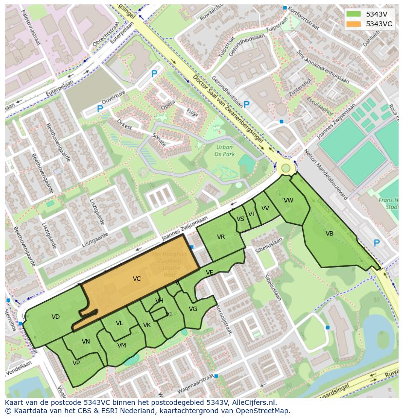 Afbeelding van het postcodegebied 5343 VC op de kaart.