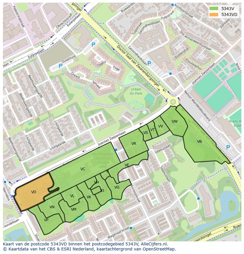 Afbeelding van het postcodegebied 5343 VD op de kaart.