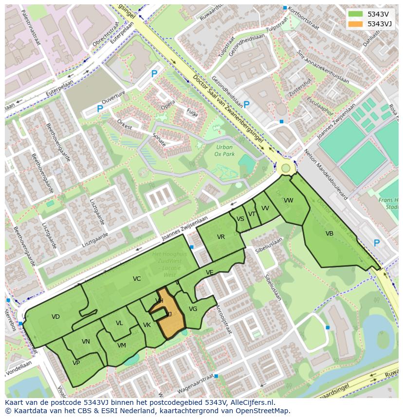 Afbeelding van het postcodegebied 5343 VJ op de kaart.