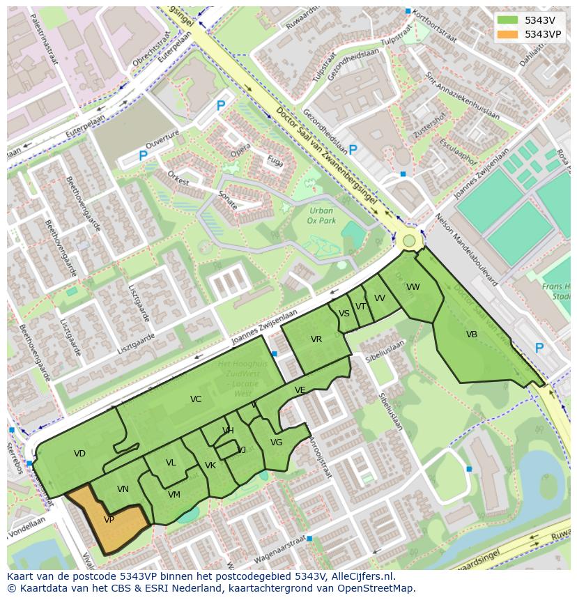 Afbeelding van het postcodegebied 5343 VP op de kaart.