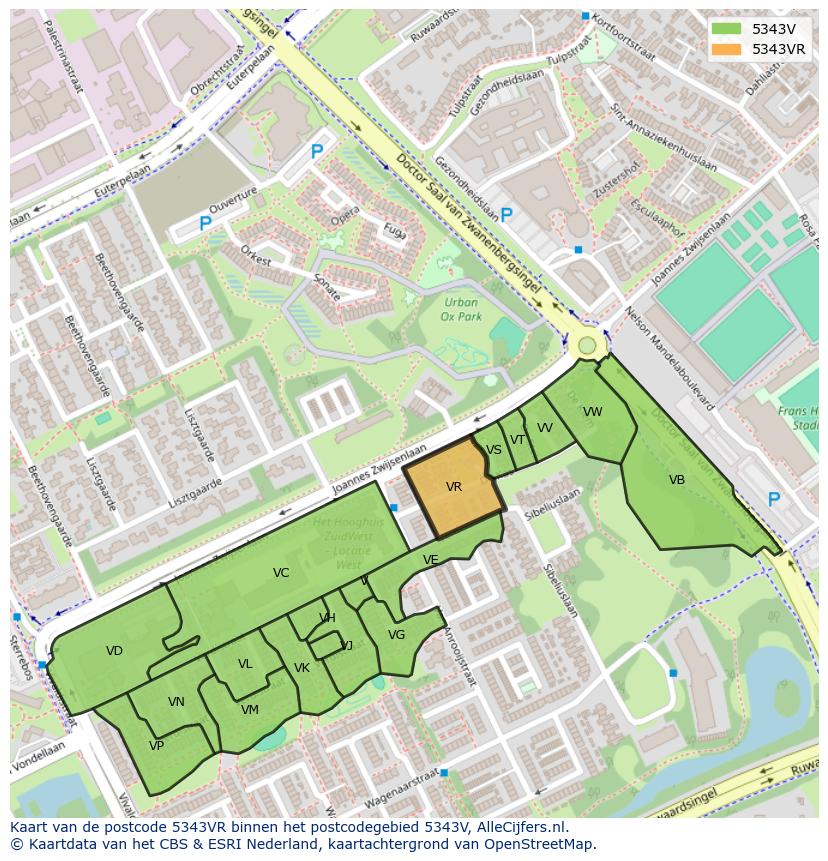 Afbeelding van het postcodegebied 5343 VR op de kaart.