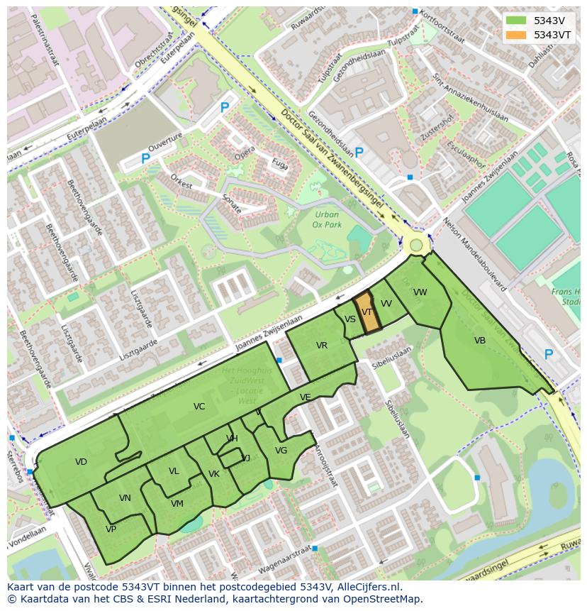 Afbeelding van het postcodegebied 5343 VT op de kaart.